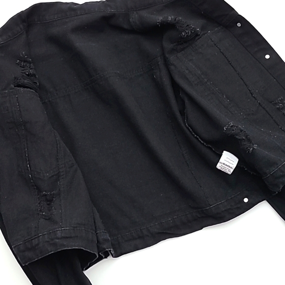 Shein Distressed Cropped  Black Denim Jean Jacket Puffy Sleeves Size XS - Picture 5 of 15
